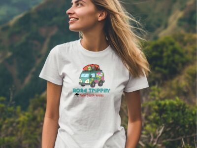 Roadtrip new south wales road trip tee shirt with combin van design with surfboards and travel stuff on the top