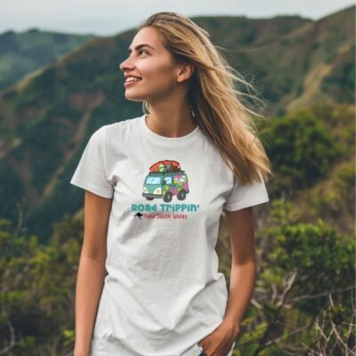 Roadtrip new south wales road trip tee shirt with combin van design with surfboards and travel stuff on the top